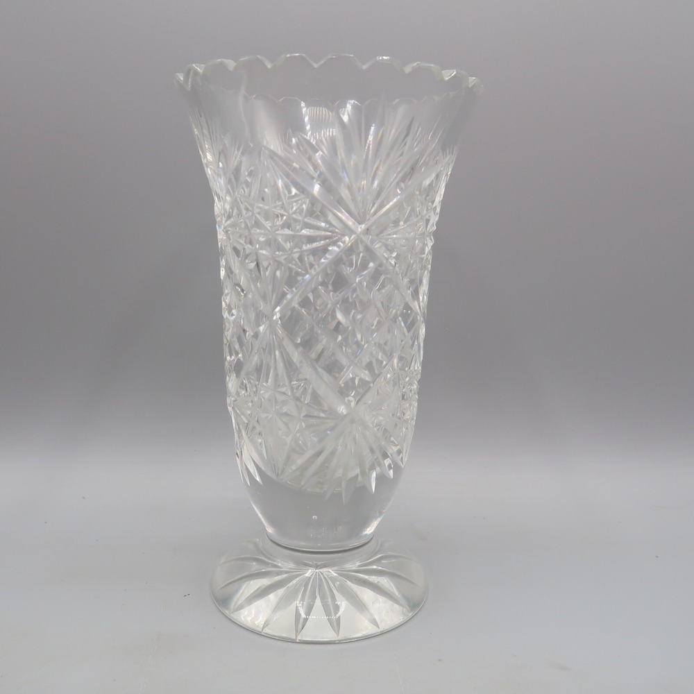 Poland Clear Cut Glass Crystal 7" Sawtooth Vase Etched Corset Footed Heavy